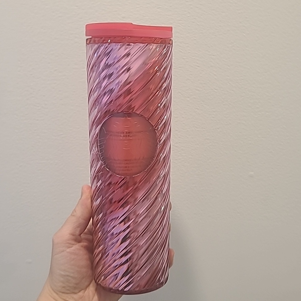 Starbucks 2022 Holiday Candy Cane Swirl Acrylic Tumbler 16oz Travel Mug Pink
